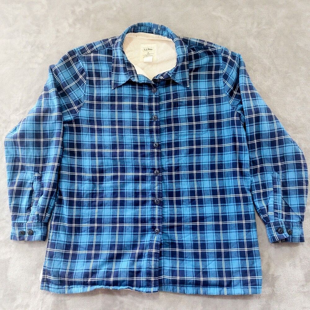 LL Bean Minky Fleece Lined Flannel Shirt Women's Medium Blue Plaid Warm Cozy